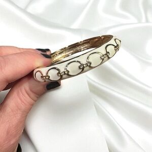 Nordstrom Sequin Brand Enamel Bangle Bracelet White & Gold with Crystal Accents